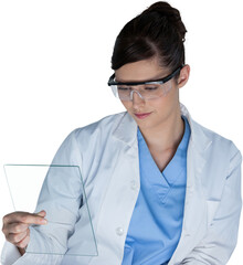 Female scientist pretending to use digital tablet