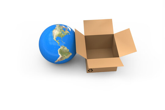 3D image of globe with empty cardboard box