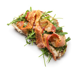 Tasty bacon bruschetta with arugula on white background