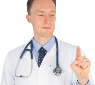Doctor pressing touchscreen over white background - Powered by Adobe