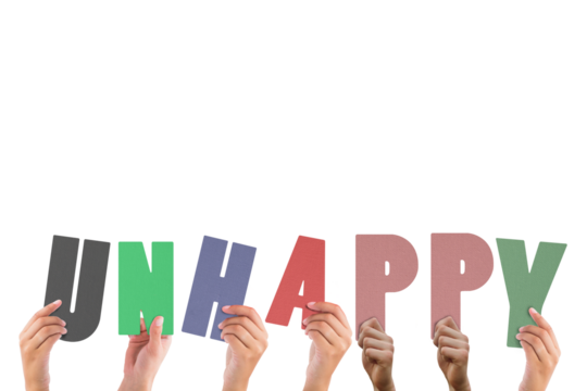 Cropped hands holding colorful alphabets forming unhappy