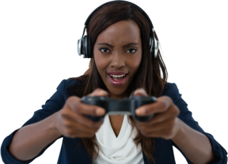 Young businesswoman wearing headphones while playing video game