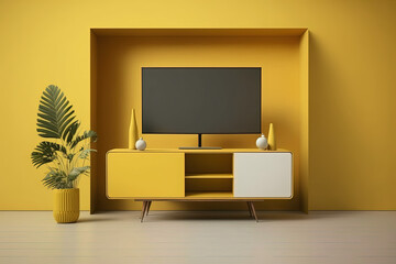 Television put on tv stand wood table, in minimal empty space room background yellow wall AI Generative	
