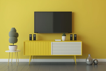 Television put on tv stand wood table, in minimal empty space room background yellow wall AI Generative	
