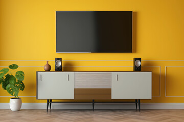 Television put on tv stand wood table, in minimal empty space room background yellow wall AI Generative	
