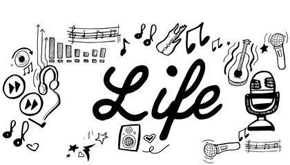 Life text surrounded by various colorful vector icons