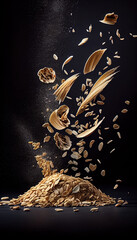 Oats Seeds Creatively Falling-Dripping Flying or Splashing on Black Background Generative AI