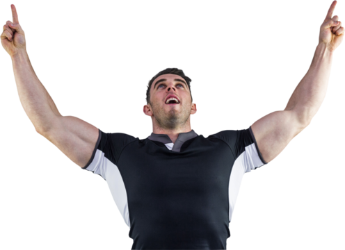 Rugby player cheering and pointing