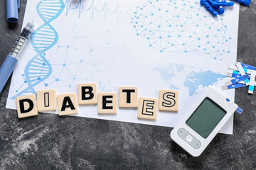 Word DIABETES with medical supplies on dark background