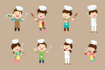 Chef kids Little smiling boy and girl kitchen workers and cooking character