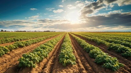 Sunlit green field of potato crops in a row. Generative AI