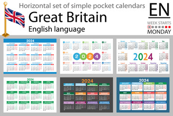 English horizontal set of pocket calendar for 2024. Week starts Monday