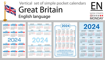 English vertical set of pocket calendar for 2024. Week starts Monday