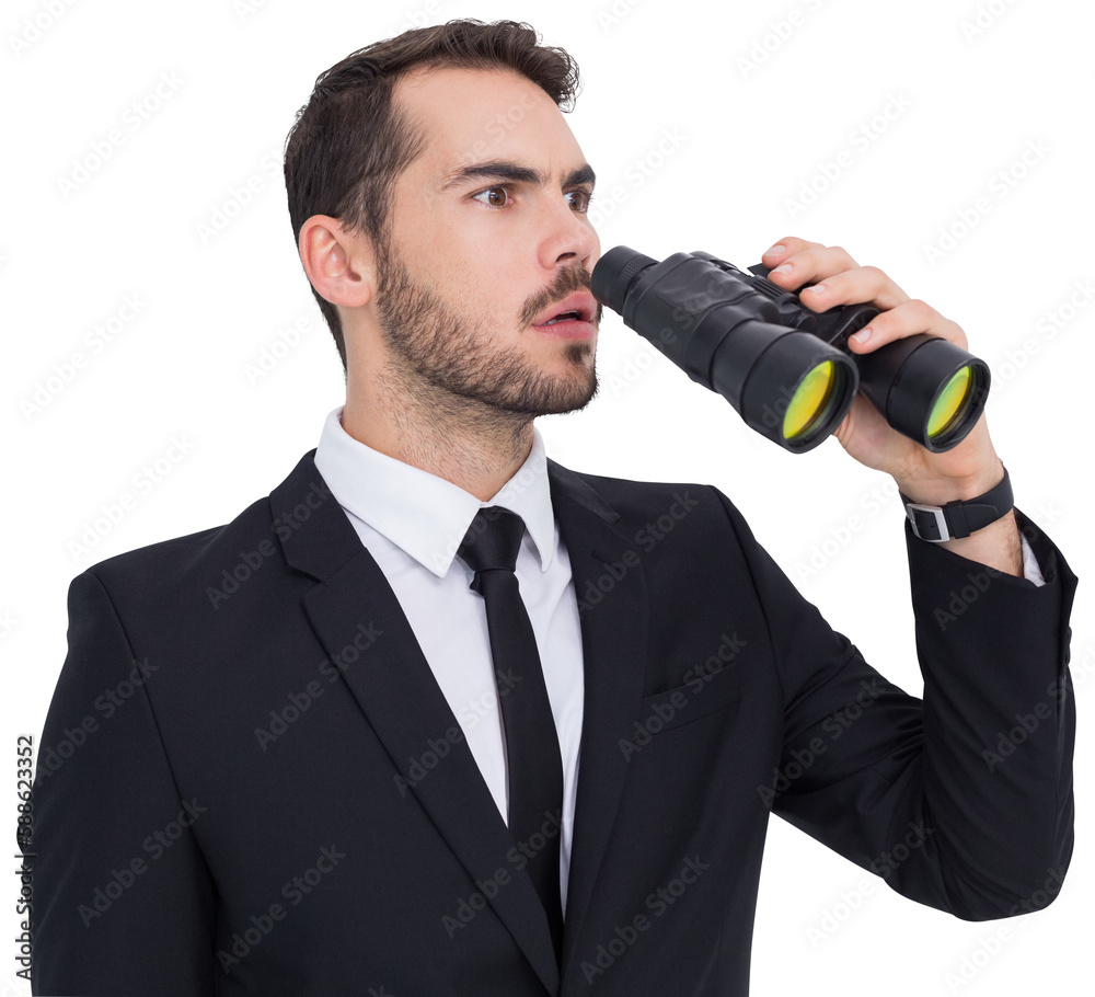 Poster Surprised businessman standing and holding binoculars 