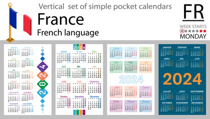 French vertical set of pocket calendar for 2024. Week starts Monday