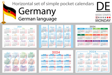 German horizontal set of pocket calendar for 2024. Week starts Monday