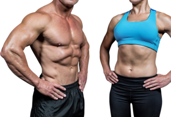 Midsection of muscular man and woman with hands on hip