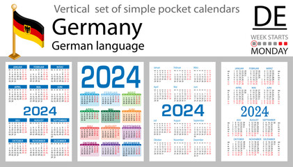 German vertical set of pocket calendar for 2024. Week starts Monday