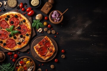 A set of pizza. On a black wooden background. Free space for text.