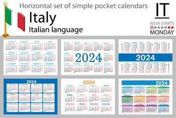 Italian horizontal set of pocket calendar for 2024. Week starts Monday