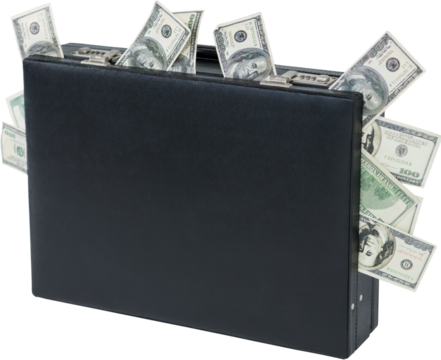 Briefcase containing money on white background
