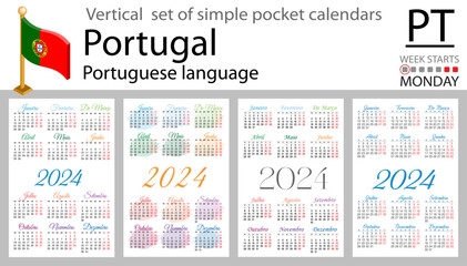 Portuguese vertical set of pocket calendar for 2024. Week starts Monday