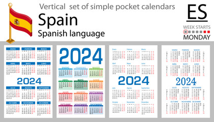 Spanish vertical set of pocket calendar for 2024. Week starts Monday