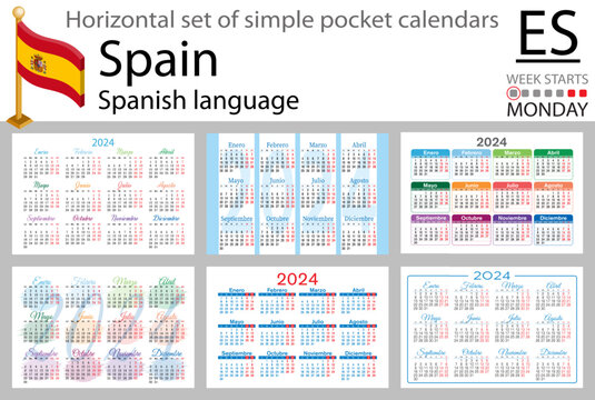 Spanish horizontal set of pocket calendar for 2024. Week starts Monday