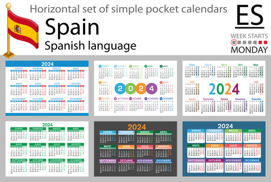 Spanish horizontal set of pocket calendar for 2024. Week starts Monday