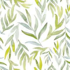 Watercolor green twigs with leaves hand drawn seamless pattern. Endless background for wallpaper and fabric.
