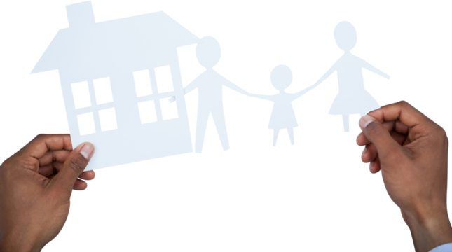 hands holding a family with her house in paper - Powered by Adobe
