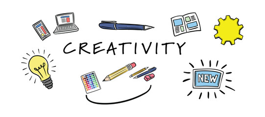 Creativity text with icons against white background