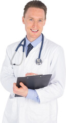 Portrait of smiling male doctor writing on clipboard