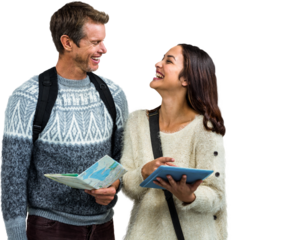 Happy couple with map and digital tablet while traveling