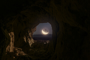 Empty tomb in the moon at night