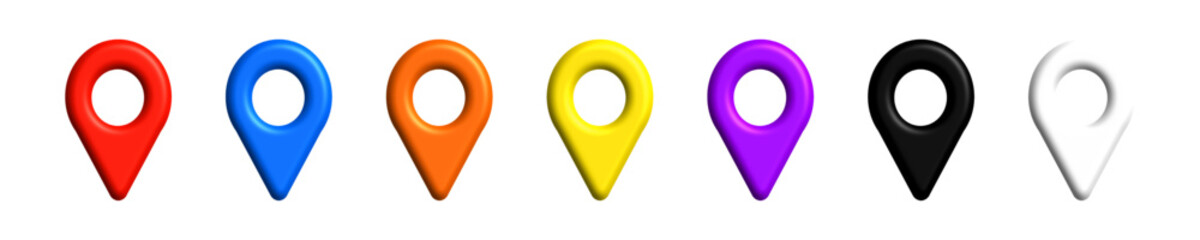 3D color location symbols set isolated on transparent background. Map search, route, navigator .