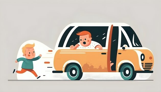 a child escaping a stranger who has approached them in a car, white background, cartoon illustration