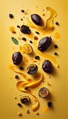 Dry Prunes Creatively Falling-Dripping Flying or Splashing on Yellow Background Generative AI
