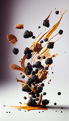 Group of Blackberries Fruits Creatively Falling-Dripping Flying or Splashing on White Background AI Generative