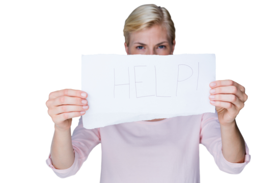Blond woman showing help sign