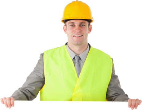 Builder holding a blank panel - Powered by Adobe