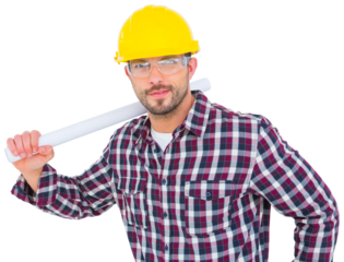 Handyman holding rolled up blue