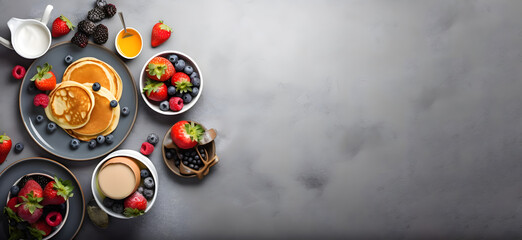 Delectable Detailed Top View Breakfast Background with Fresh Ingredients on a light gray concrete table, Banner, Generative AI
