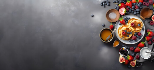Delectable Detailed Top View Breakfast Background with Fresh Ingredients on a light gray concrete table, Banner, Generative AI