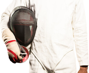 Mid-section of man standing with fencing mask