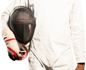 Mid-section of man standing with fencing mask