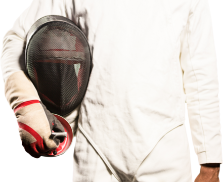 Mid-section of man standing with fencing mask