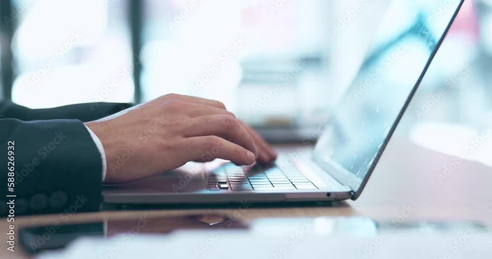 Poster businessman, hands and laptop typing email, proposal or communication at the office desk. hand of ma