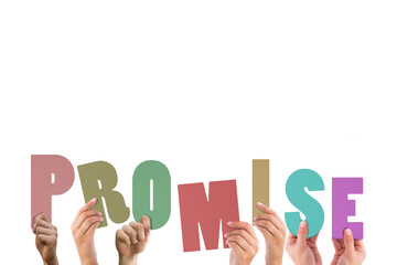 Cropped hands holding colorful word promise 