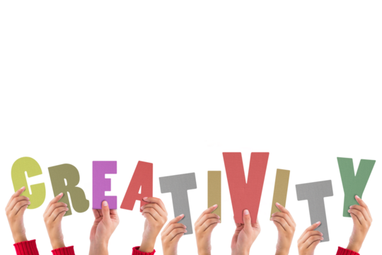 Colorful alphabet spelling creativity held up by people - Powered by Adobe